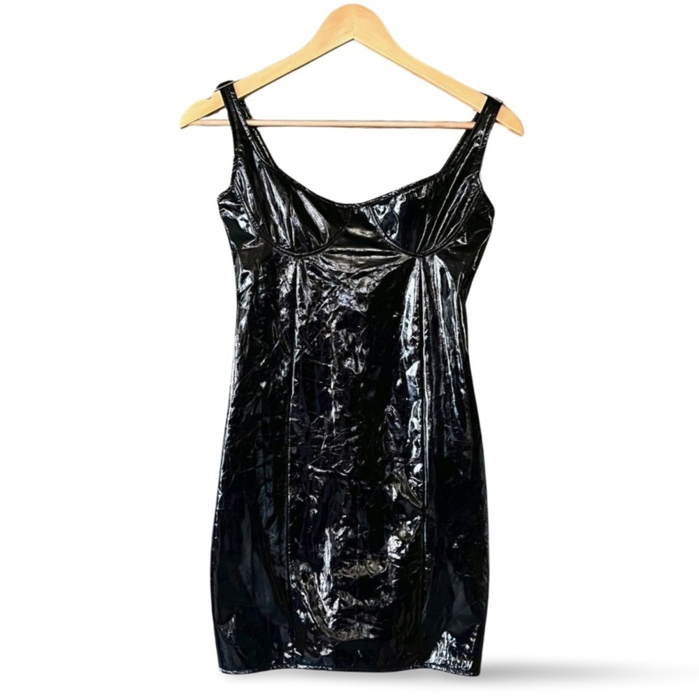 Black PVC Vinyl Mini Dress Goth Club Y2K Fetish Style | Small